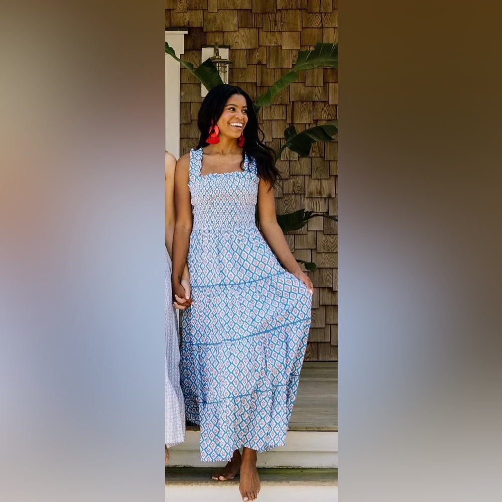 Beau & Ro Floral Blockprint Smocked Maxi Dress